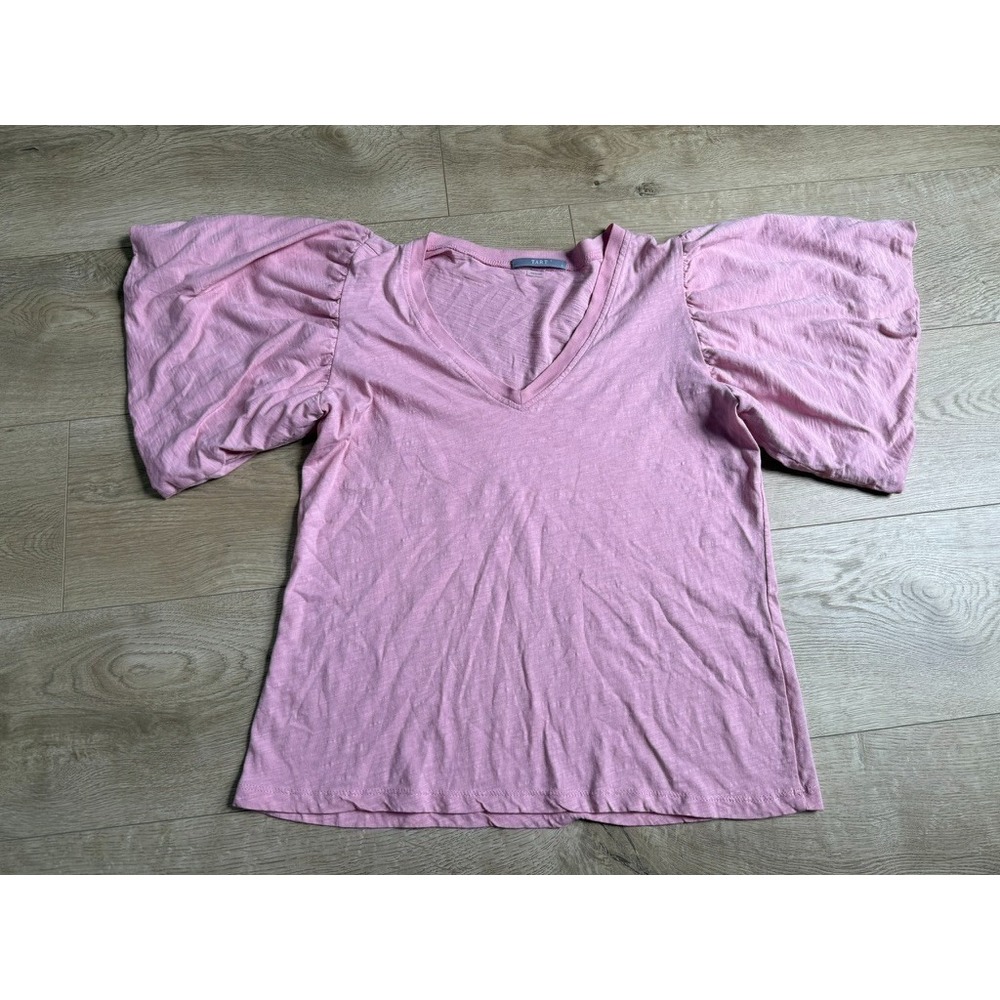 EUC Womens TART Nordstrom puff sleeve pink 100% organic cotton tshirt vneck sz L